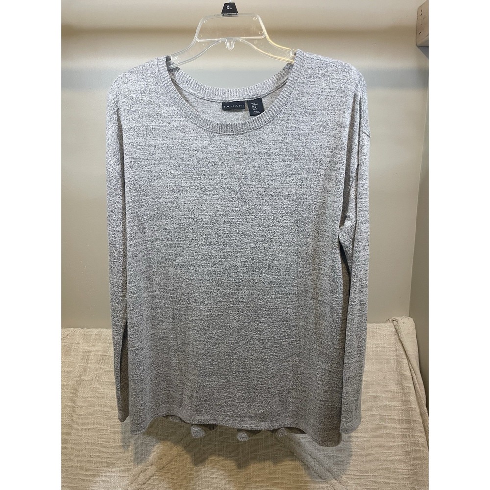 TAHARI Charcoal Gray Heathered Knit High Low Hem Tunic Top Women's Sz M